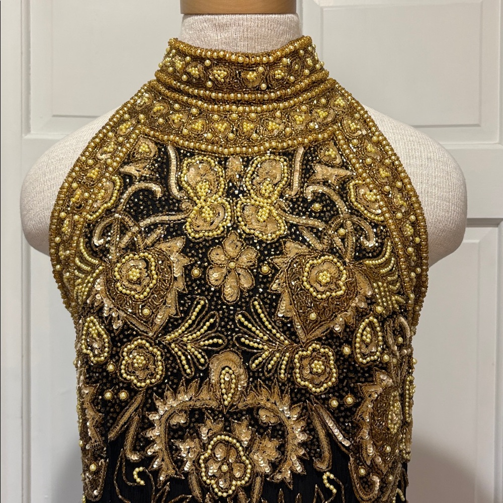 Adrianna Papell sz 12 black 100% silk evening dress with gold sequins and beads - Picture 4 of 14